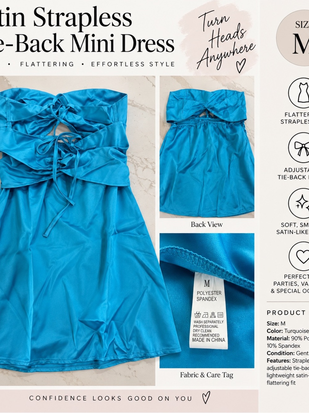 Turquoise Satin Strapless Tie-Back Mini Dress - Brand